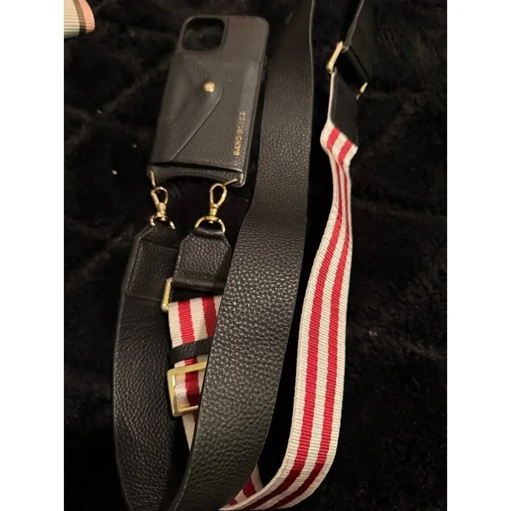 Bandolier iPhone 11 Haley wallet case & Thick webbing & leather red skye strap